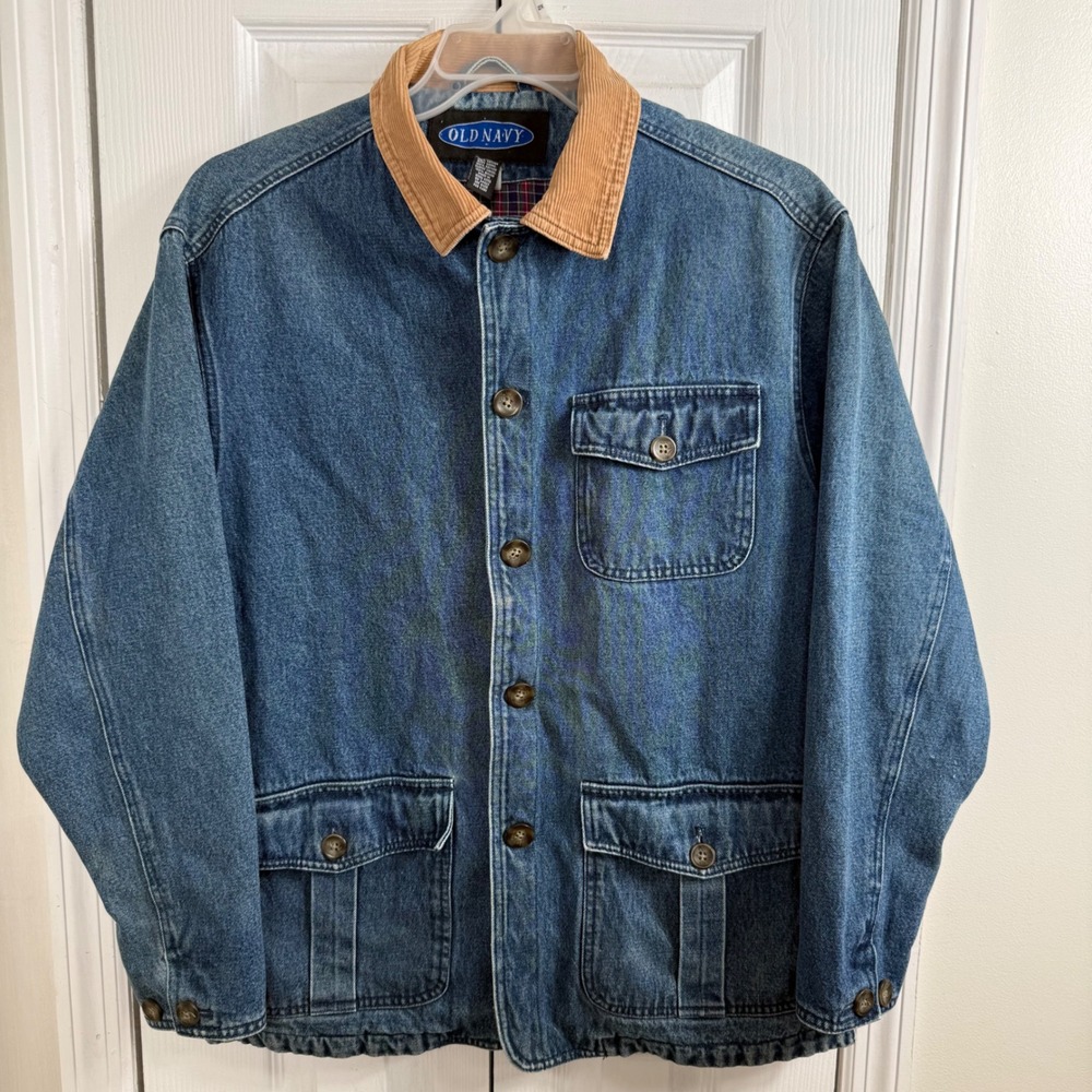 Vintage 90s Old Navy Denim Chore Jacket Mens S Corduroy Collar Plaid Blanket Lin